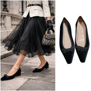 Fabio Rusconi Black Velvet Bow Ballet Flats Pointed Toe Low Heel Italy EU 38